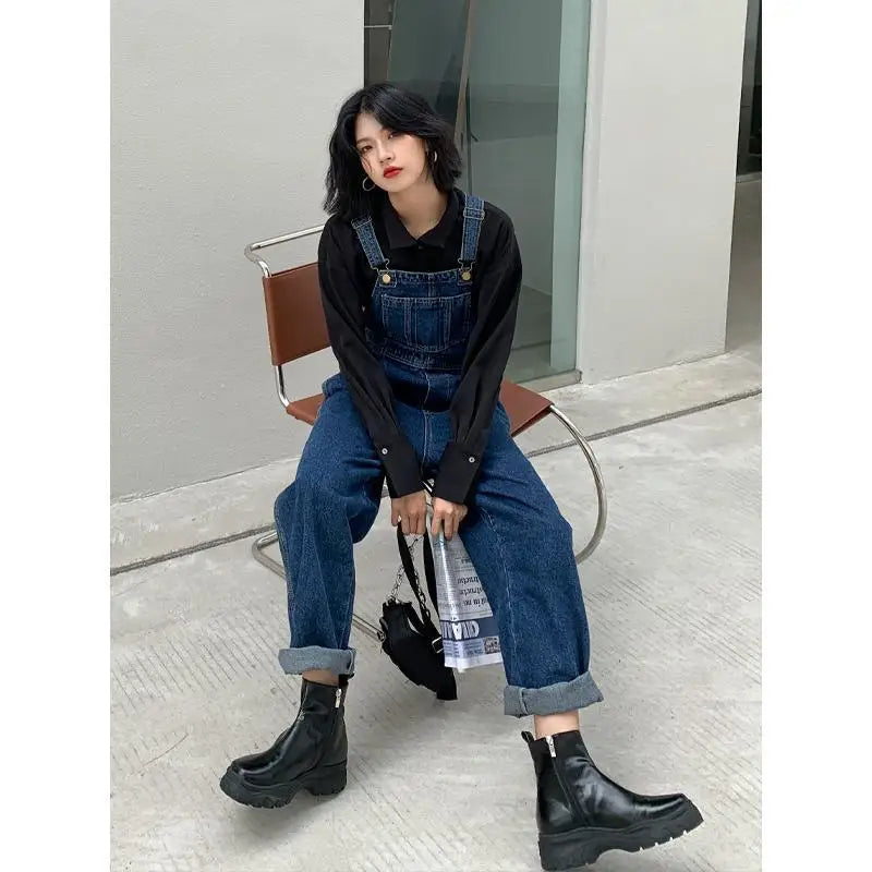 Jumpsuits Women Dark Blue Vintage Streetwear Harajuku Casual Fashion High Waist Loose Overalls Ulzzang Denim Suspenders Trousers