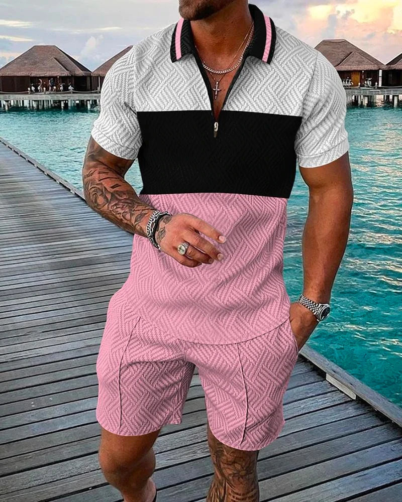 Men's Polo Tracksuit Set Summer Fashion Men Short Sleeve Zipper Polo Shirt&Shorts Set for Men Casual Streetwear 2 Piece Suit