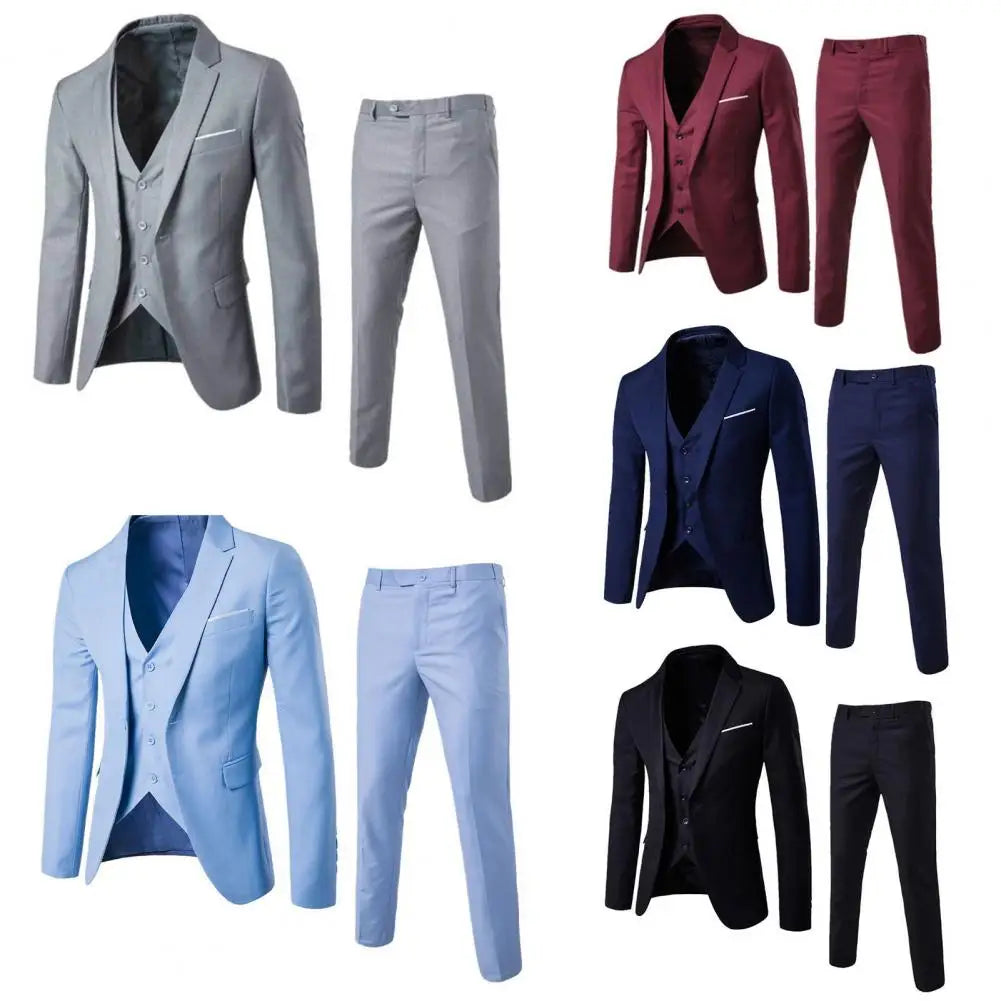 Men Three piece Suit Formal Business Suit Pants Set Solid Color Slim Fit Turn down Collar Anti wrinkle Groom Wedding Suit
