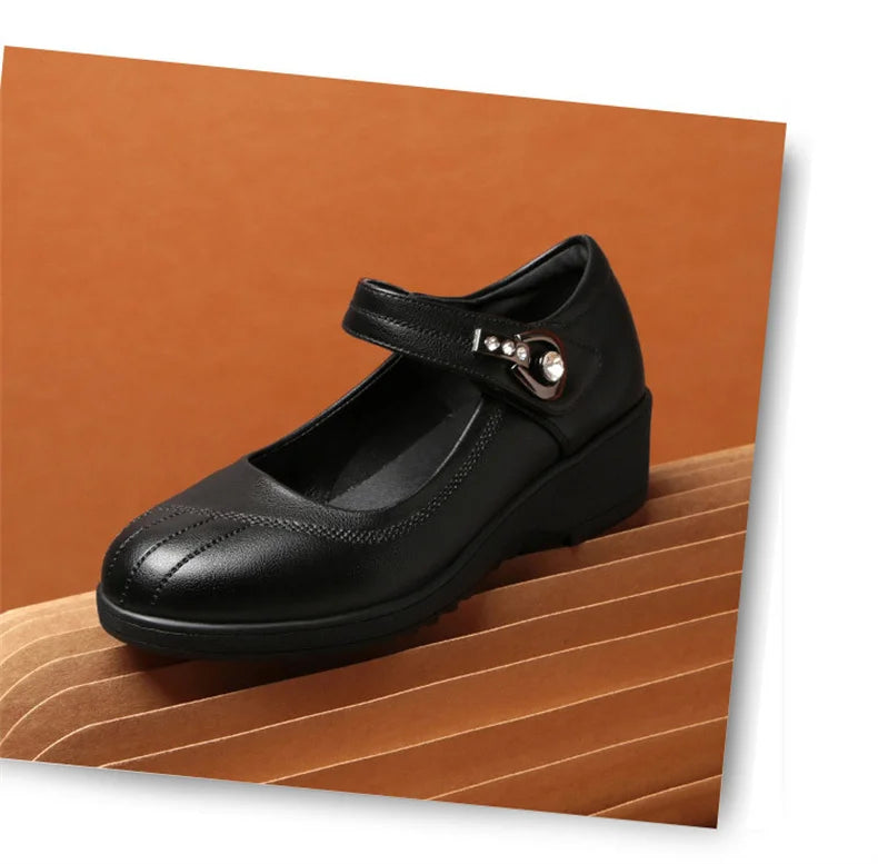 Women's Wedge Anti-slip  Ankle Strap Casual Office Comfortable Soft Leather Shallow Mouth Mom Shoes  Middle-aged Elderly