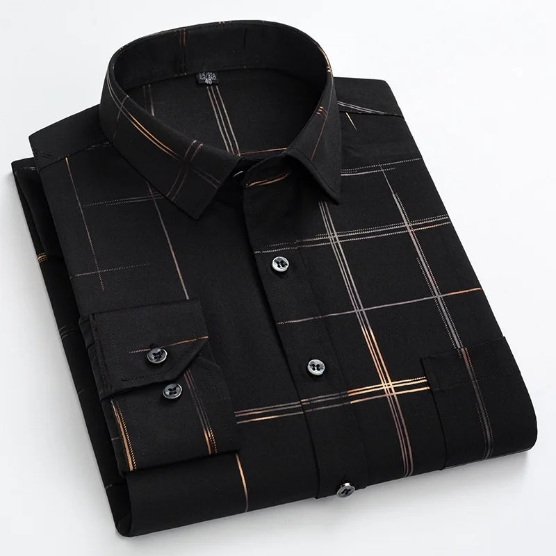 Men's Dress Shirts Spring Autumn Latest Hot Sale Non-iron Anti-wrinkle Business Casual Print Thin Plaid Slim Fit chemise homme