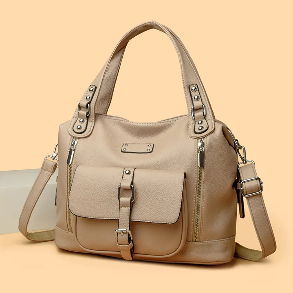 Women's Casual Tote Soft Leather Handbag Luxury Designer Shoulder Crossbody Hand Bag Ladies Shopping Sac Front Double Zipper