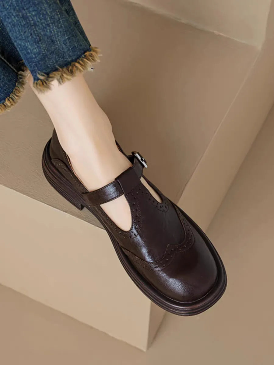 Women's Shoes T Strap Casual Vintage Lambskin Openwork Flower Flat Heel Loafers Women New Shoes Round Head  Leisure Daily Shoe