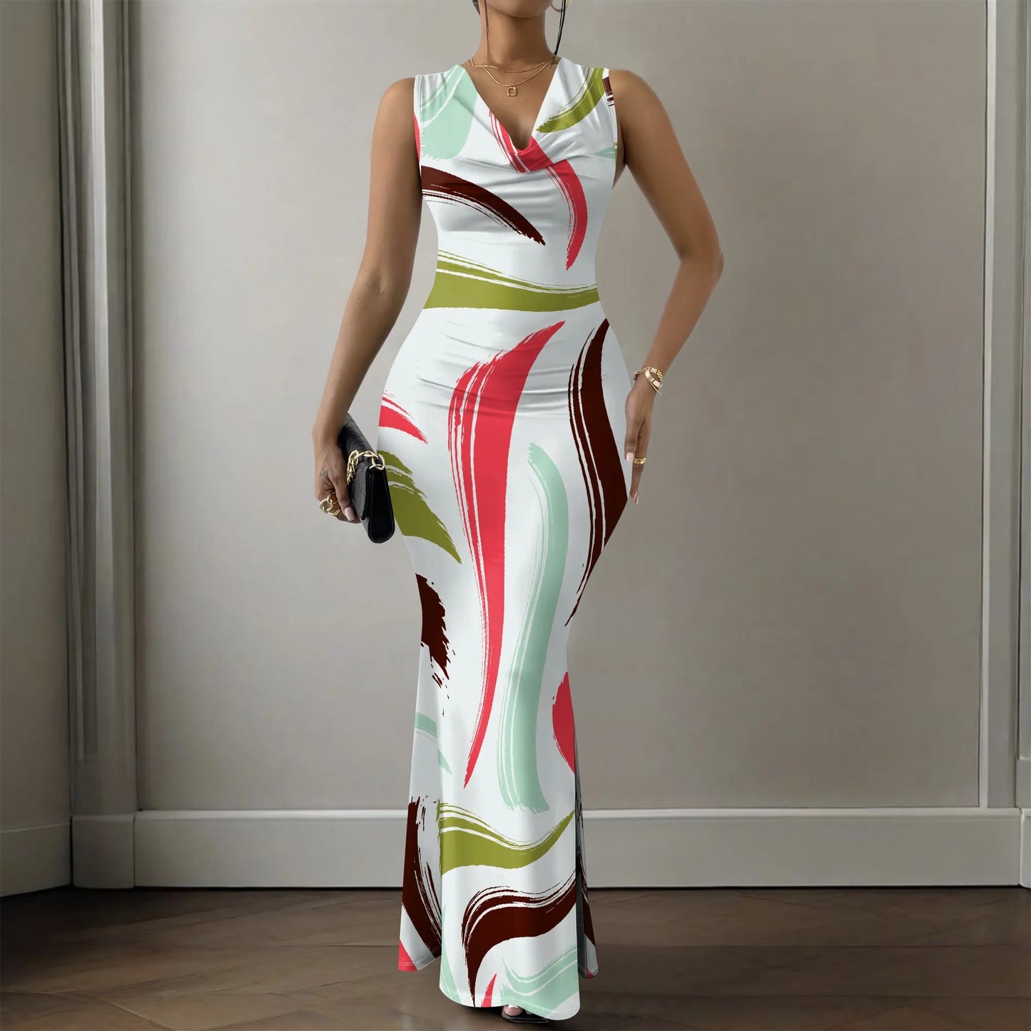 Womens Sexy Casual Dresses Colorful Geometric Off-Shoulder Maxi Dress  Artistic Party Evening Resortwear Swing Neck Dress