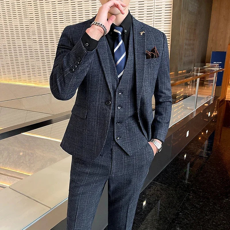 Boutique Suits (Blazer+ Vest + Pants) Men Fashion Hosting Work Business Wedding Casual Linen Art Style Elegant Gentleman's Suit