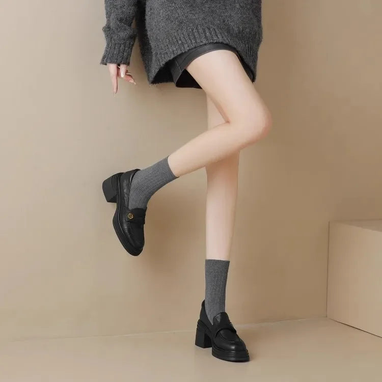 Women High Heel Shoes 2025 Retro Spring Autumn Performance Causal Women's Loafers Fashion Versatile Pumps Ladies Leather Shoes