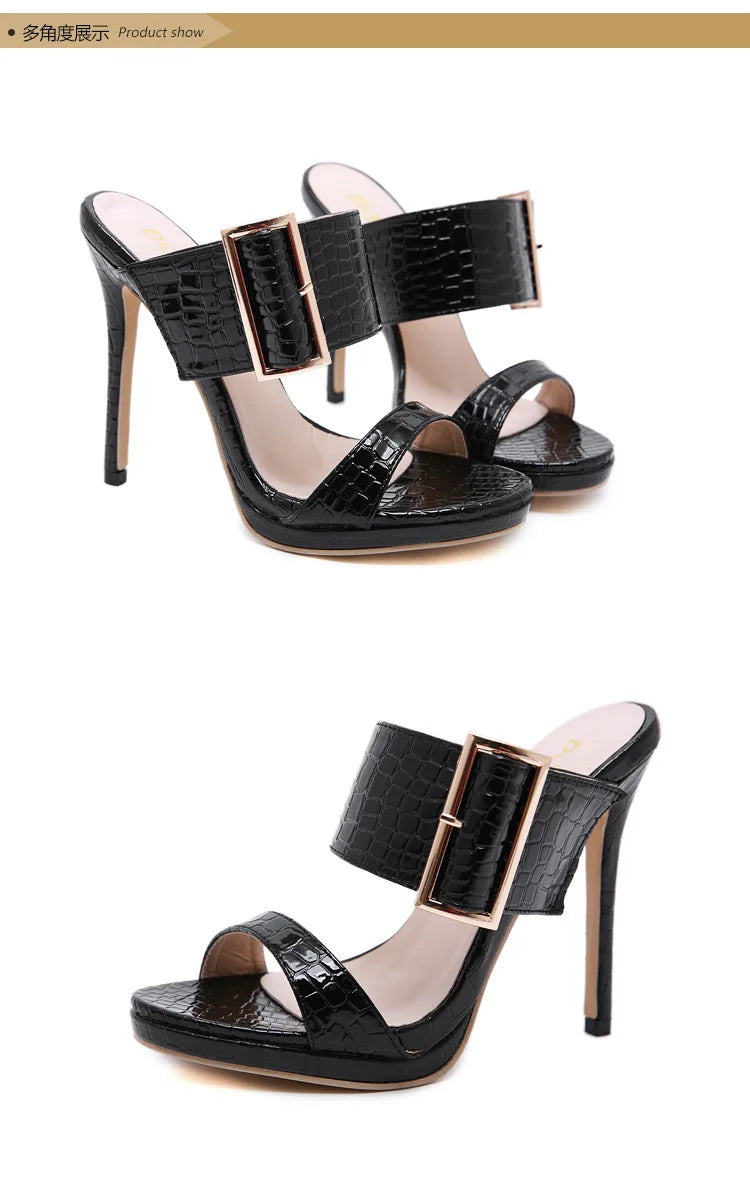Women's Sandals Open Toe High Heeled Slippers Big Buckle Heels  Sandalias Mujer  Ladies Shoes  Heels Women Slender Heel