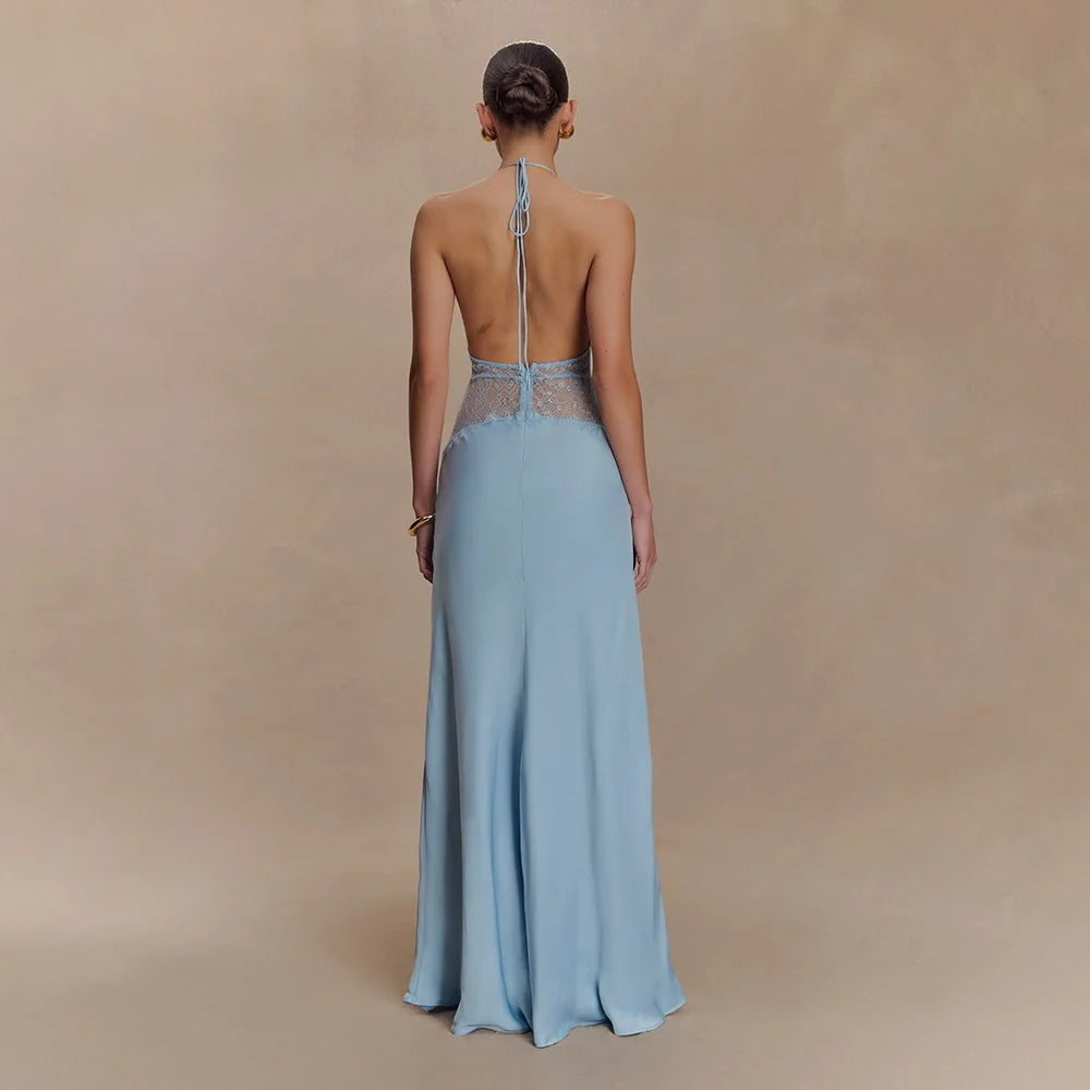 Sexy Deep V-neck Backless Lace Patchwork Satin Dresses for Women 2026 Summer Halter Sleeveless Long Maxi Party Evening Dress