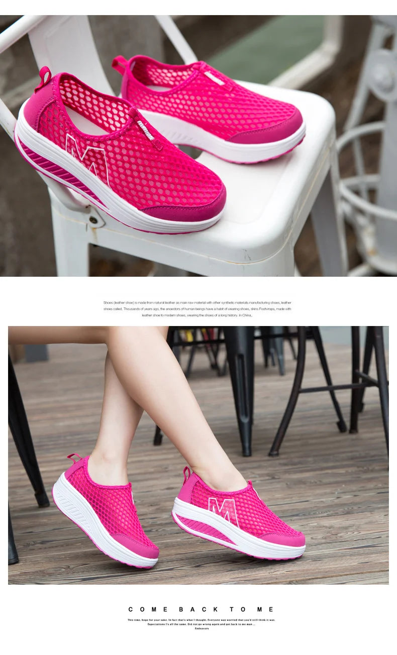 Women Mesh Flat Shoes Sneakers Women Swing Wedge Hollowed Out Slip-on Shoes Women Platform Breathable Lightweigt Vulcanization