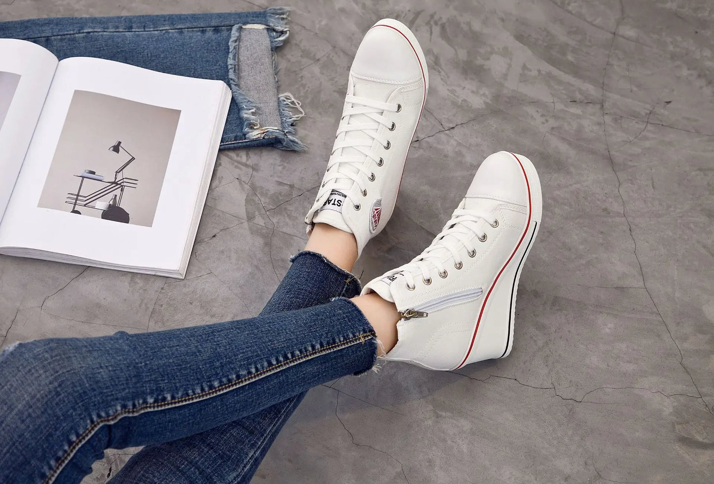 Wedge Heel Casual Shoes for Women New Canvas Shoes Side Zipper High Heel Lace Up Shoes Woman's Heightening Platform Sneakers