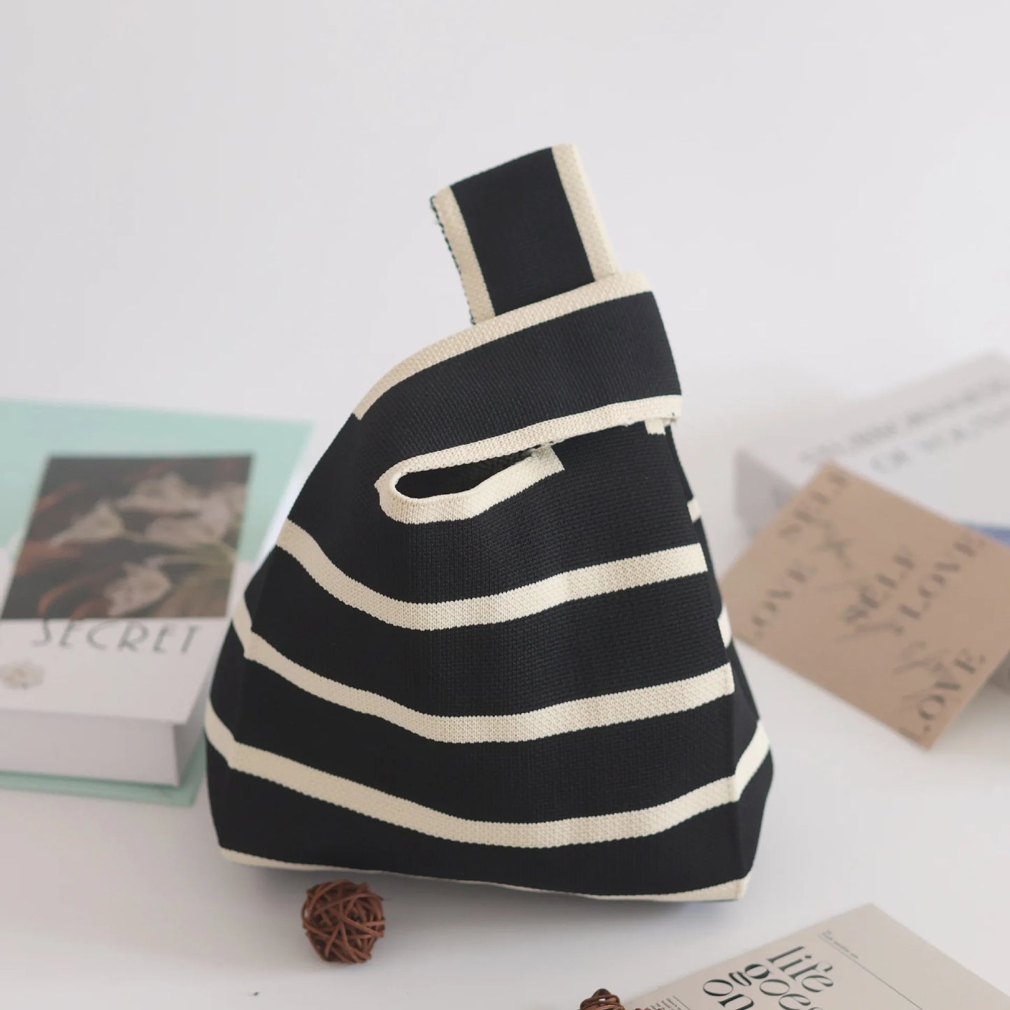 Women'S Knot Wrist Tote Bags Handmade Knitted Bag Portable Mini Striped Bucket Phone Bags Large Capacity Spring Summer Handbags