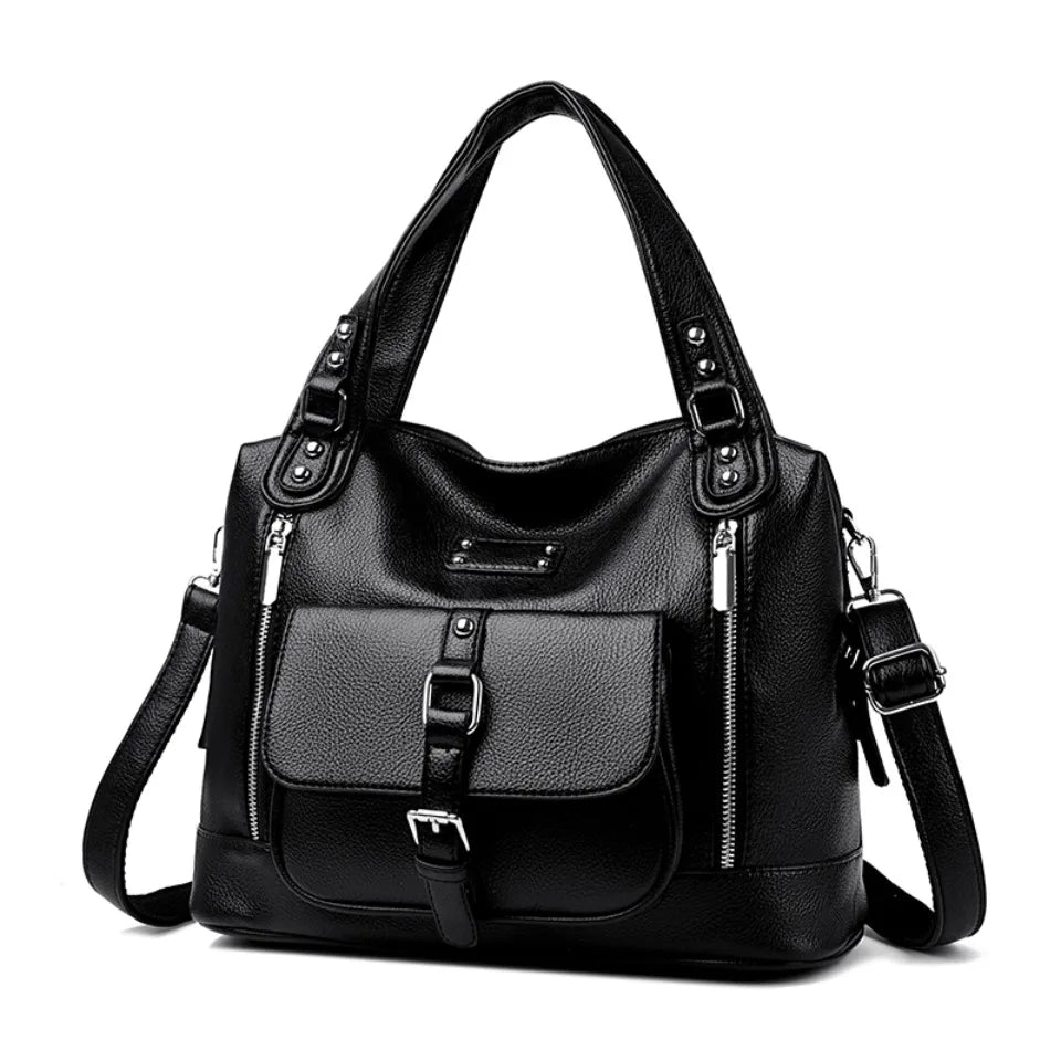 Women's Casual Tote Soft Leather Handbag Luxury Designer Shoulder Crossbody Hand Bag Ladies Shopping Sac Front Double Zipper