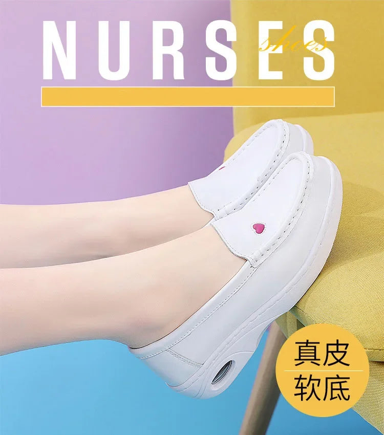 2025 New Women Flat Leather Shoes Casual White Wedge with Soft Bottom Love Heart Comfortable Mom Nurse Work Shoes Zapatillas