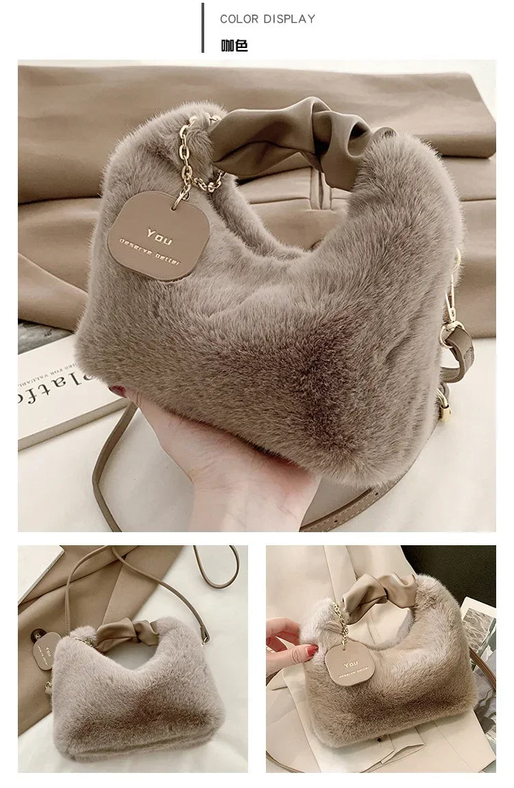 Women Faux Fur Plush Handbags Ruched Handle Small Lady Shoulder Crossbody Bag Casual Tote Half-Moon Hobos Winter Bags for Women
