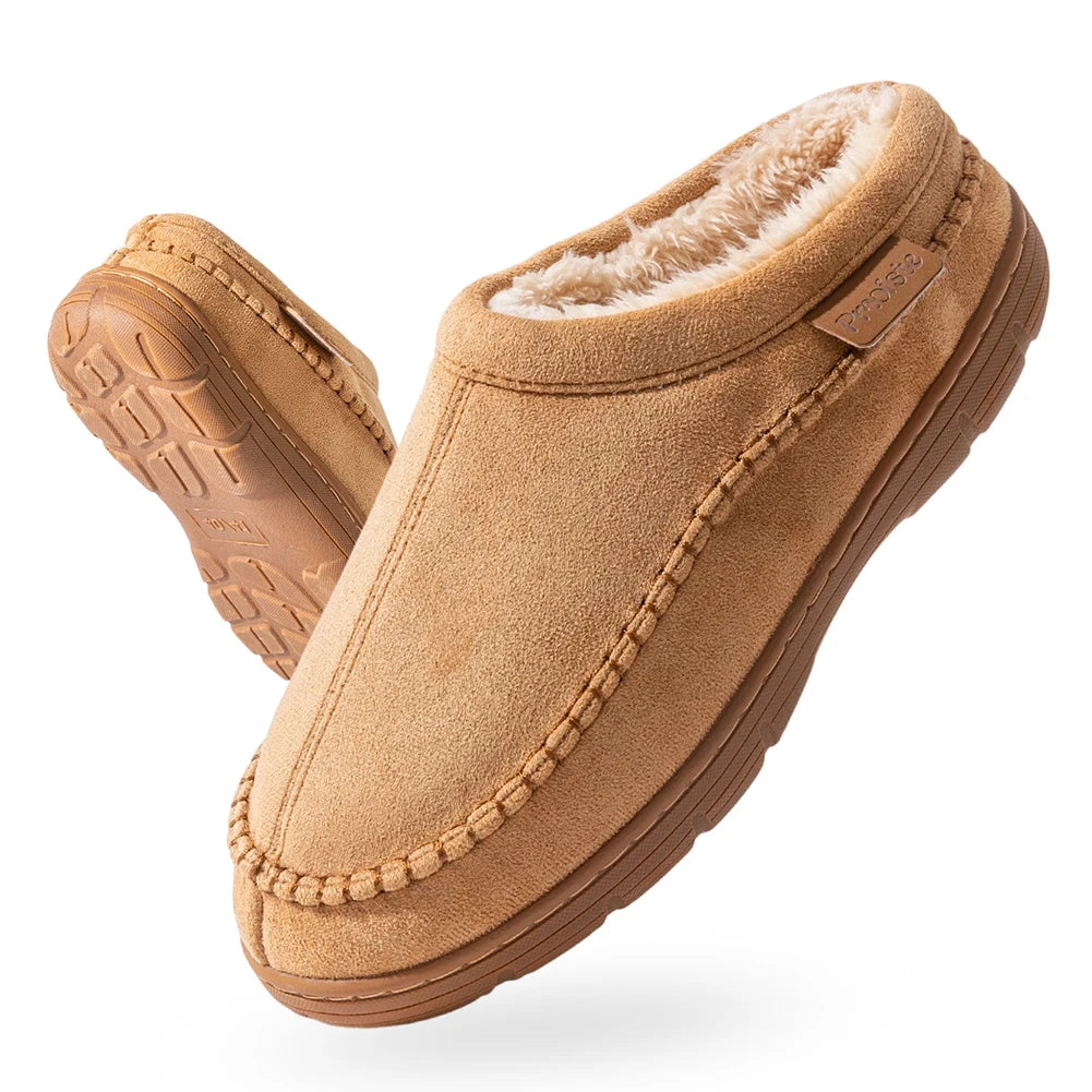 Pmoiste Soft Faux Suede House Slippers Men Comfortable Warm Cushion Designer Mark Line Living Room Shoes Slip-on Winter Indoor