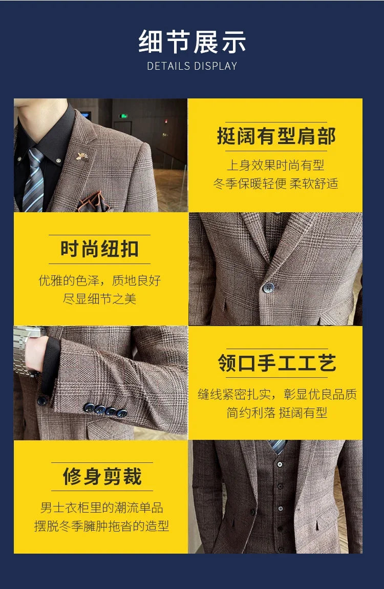 Boutique Suits (Blazer+ Vest + Pants) Men Fashion Hosting Work Business Wedding Casual Linen Art Style Elegant Gentleman's Suit