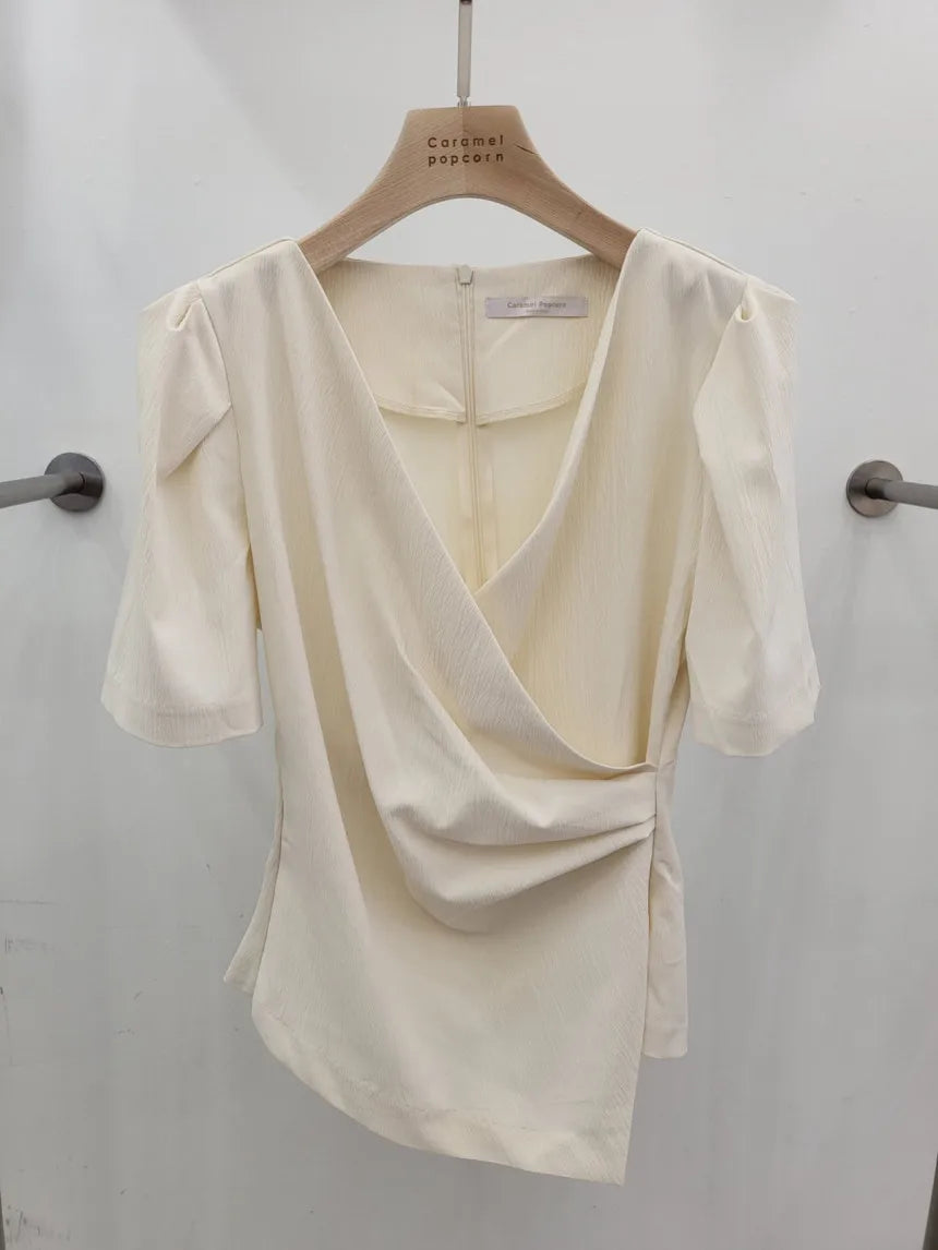 Women Blouse 2026 Spring Summer Solid Tucked V Neck Slim Blouse Elegant Short Sleeve Asymmetrical Top For Women Hot Sale