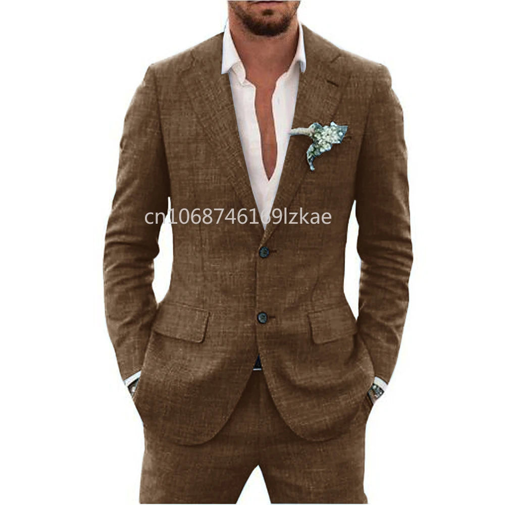 2024  Linen Suiting Fabric Full Men's Suit Lapel Collar Single-breasted 2 Piece Set Elegant Man Suits High Quality Blazer