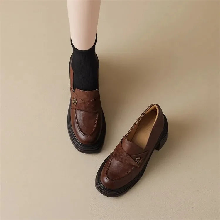 Women High Heel Shoes 2025 Retro Spring Autumn Performance Causal Women's Loafers Fashion Versatile Pumps Ladies Leather Shoes