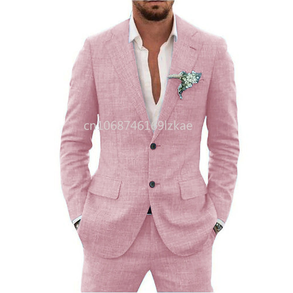 2024  Linen Suiting Fabric Full Men's Suit Lapel Collar Single-breasted 2 Piece Set Elegant Man Suits High Quality Blazer