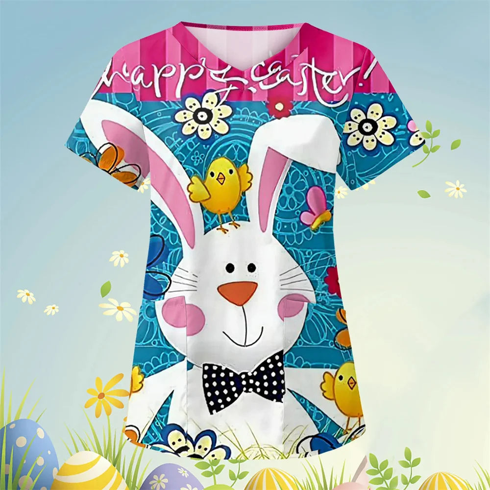 Scrubs Medical Uniforms Cute Cartoon Bunny Print High Quality Medical Uniforms for Women Short Sleeve Dental Medical Uniforms