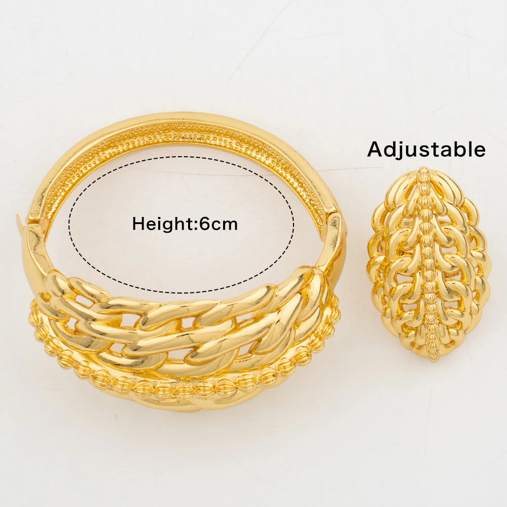 4Set Luxury Bangle Ring For Women Dubai Gold Color Bracelet France Jewelry Set Arabic African Adjustable Ring Party Wedding Gift
