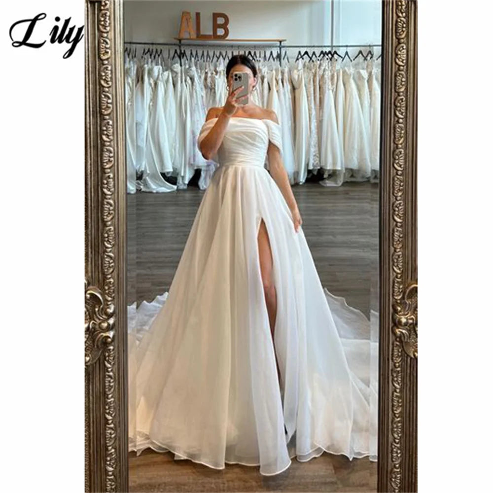 Lily Chic Pure White Wedding Party Dress Off-Shoulder A-Line Formal Dress Romantic Flowy Design with High Slit Skirt Customized