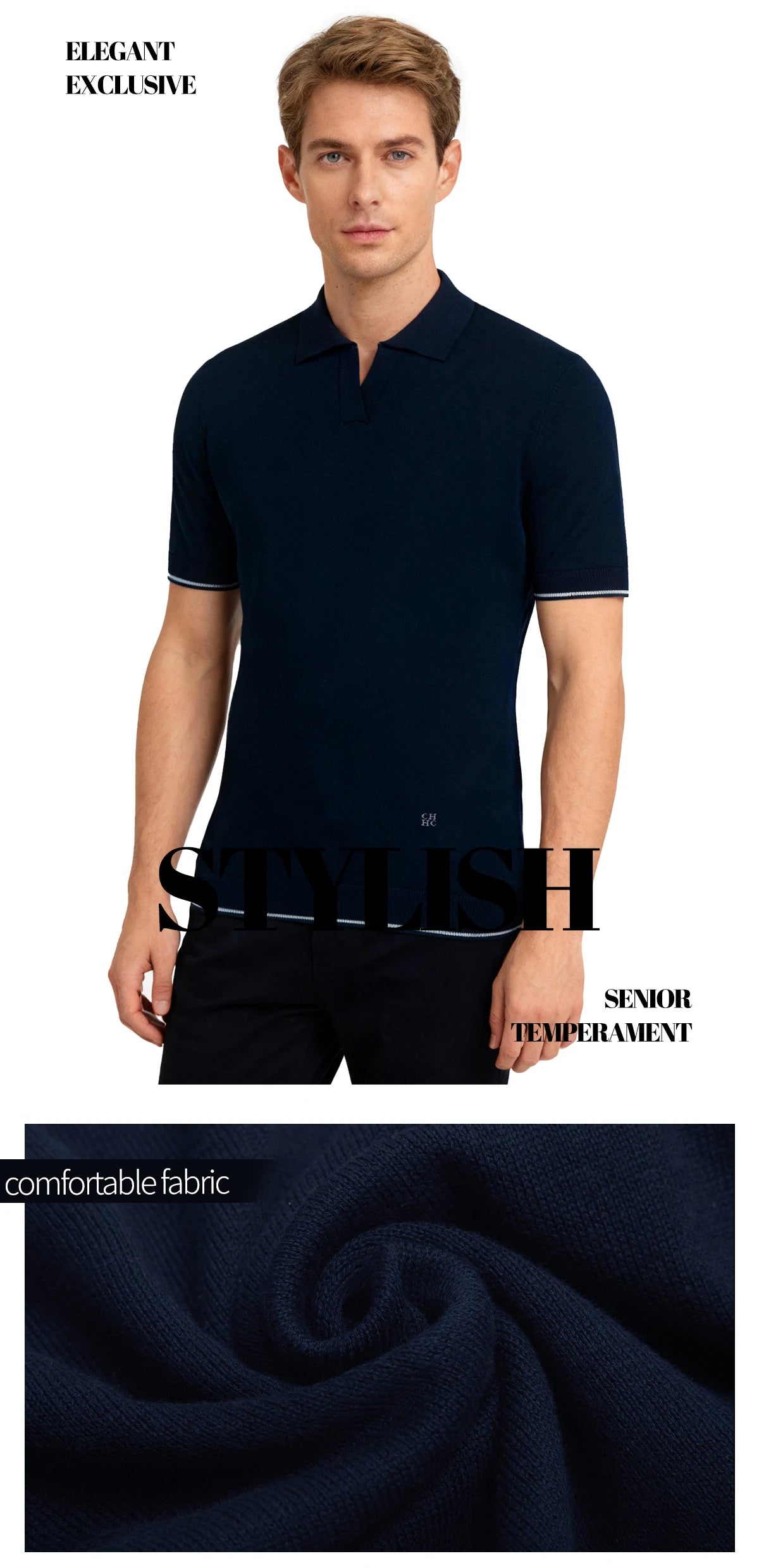 CHCH Stripe Knit Polo Men's Shirts Summer New Slim Solid Color Breathable Turn-Down Collar Business Short Sleeve Polo Tops