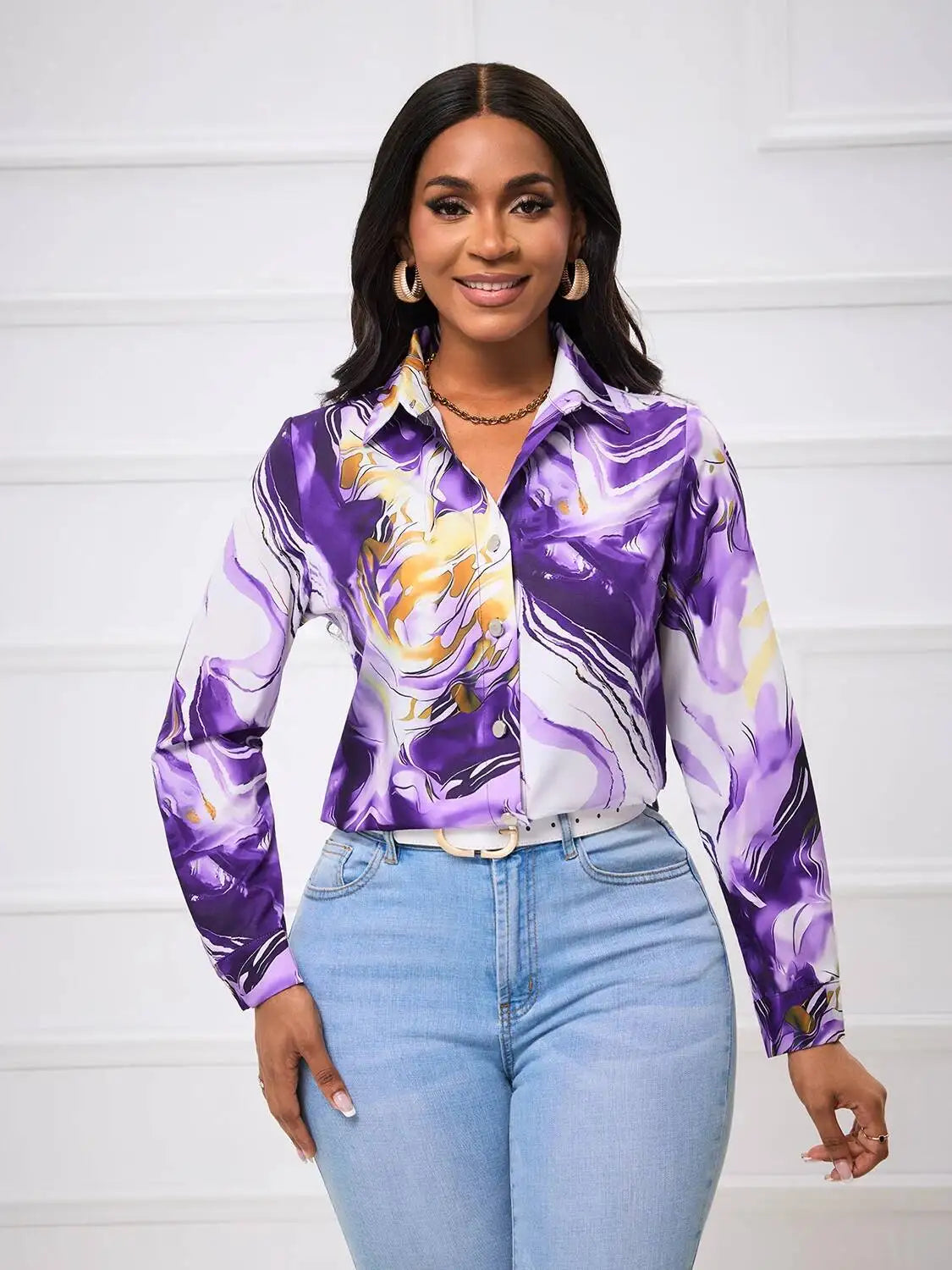 Women's Blouse Spring Summer Purple Gold Marble Print Collar Front Button Long Sleeve Satin Luxury Elegant Daily Office Top