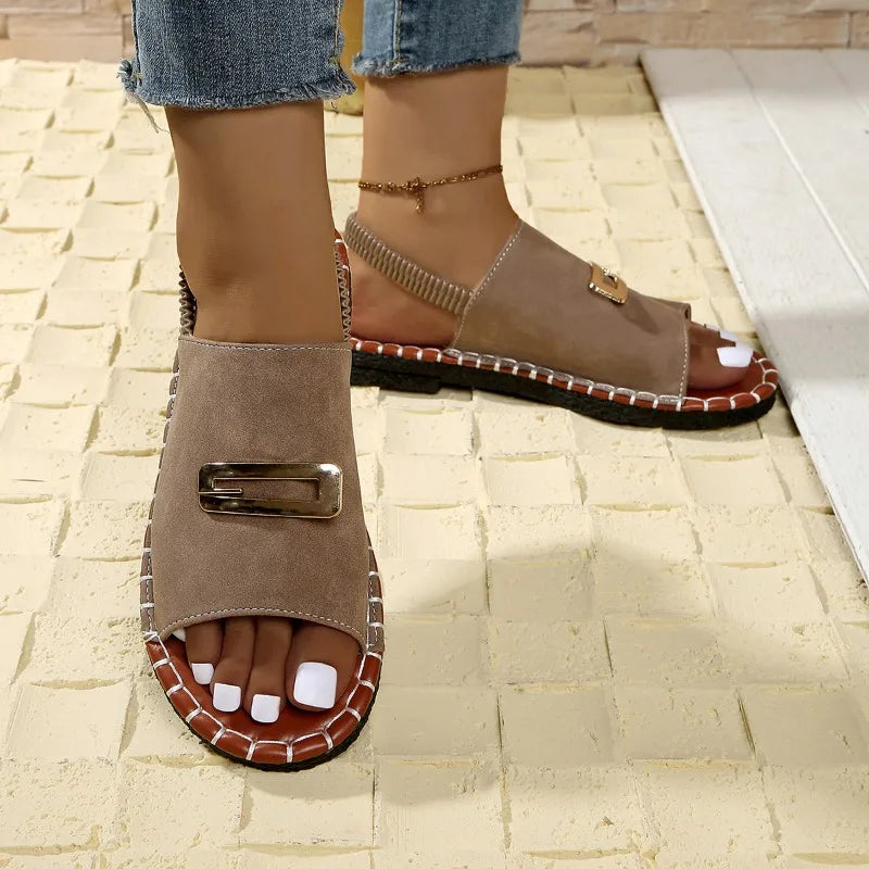 Women's Beach Sandals Summer New Fashion Metal Decorative Open-toed Sandals Leisure Luxury Light Outdoor Non-slip Sandals.