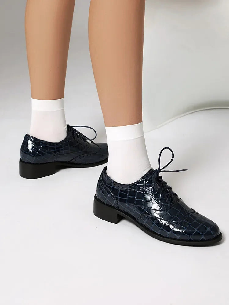 Women Shoes Spring New Fashion Round Toe Lace Up Retro Single Shoe for Office Party Walk Thick Low Heeled Big Size 48 775-1