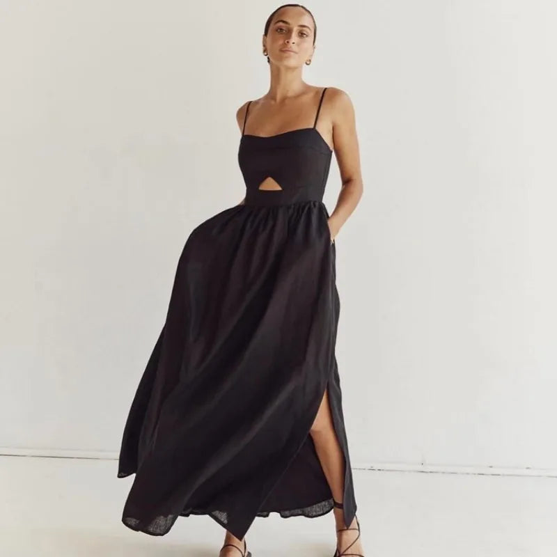 Sexy Black Corset Vacation Party Dress for Women Autumn Elegant Strap Backless Hollow Out Slit Cotton Holiday Long Dress