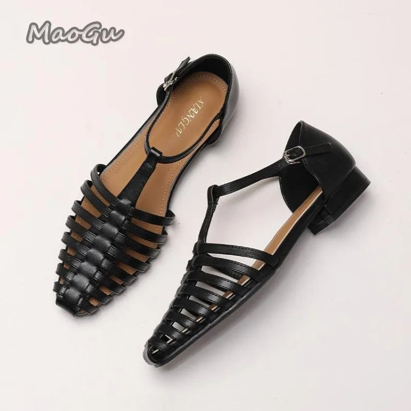 Low Heeled Sandals Fashion Women Gladiator Shoes 2025 Summer Pointed Toe Roman Sandals Footwear Size42 Sandalias De Mujer