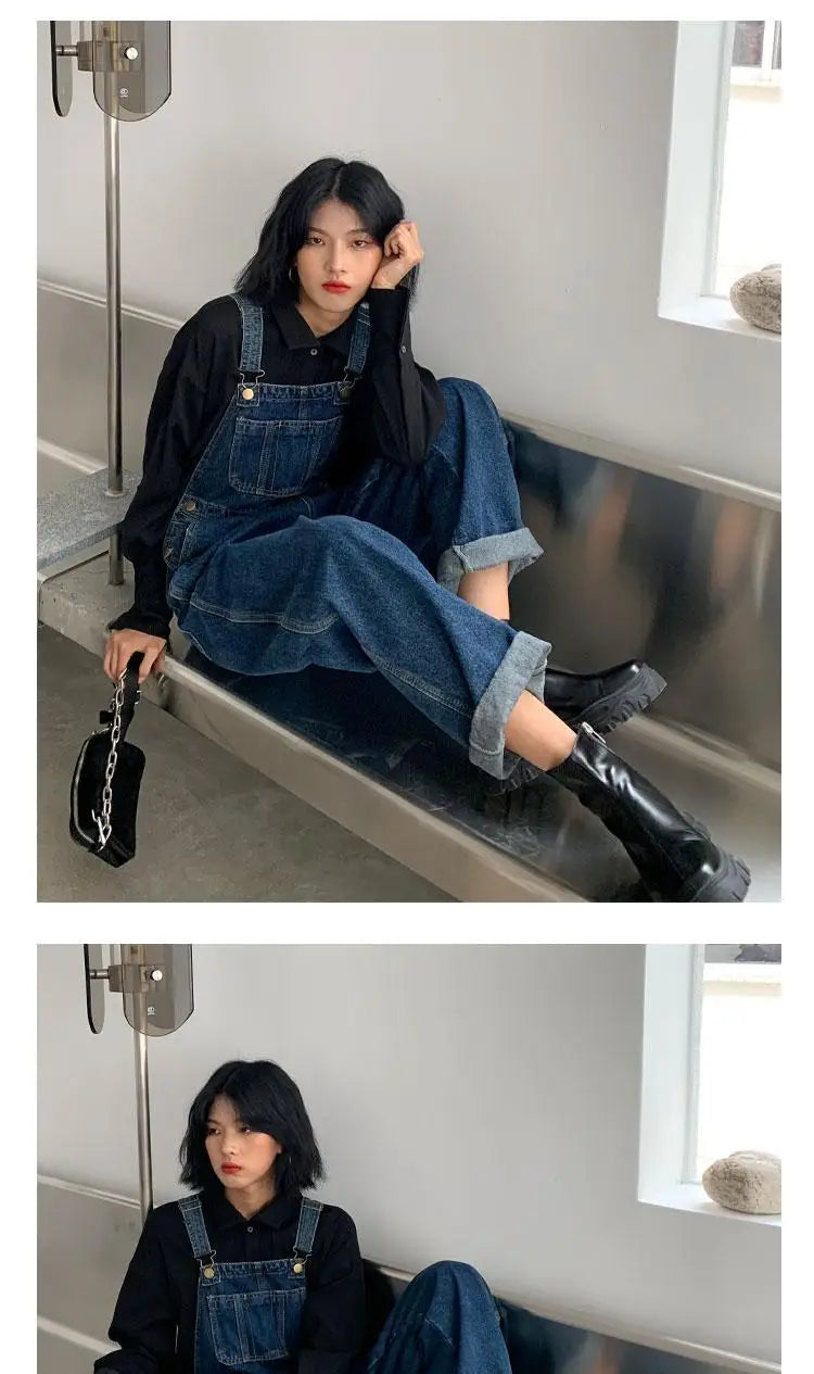 Jumpsuits Women Dark Blue Vintage Streetwear Harajuku Casual Fashion High Waist Loose Overalls Ulzzang Denim Suspenders Trousers