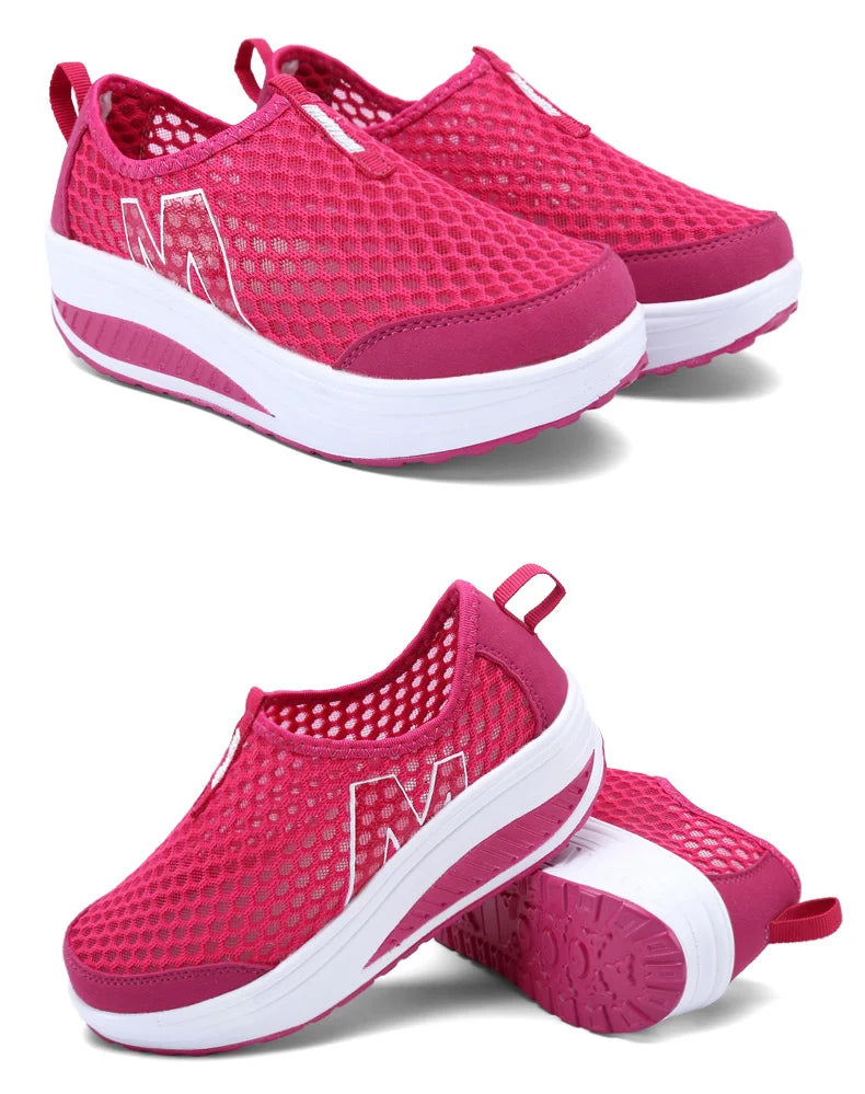 Women Mesh Flat Shoes Sneakers Women Swing Wedge Hollowed Out Slip-on Shoes Women Platform Breathable Lightweigt Vulcanization