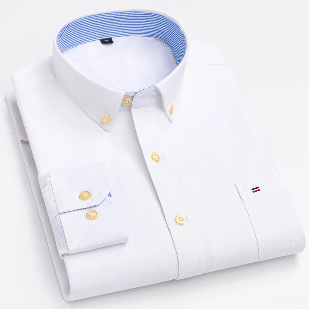 Men's Oxford Long Sleeve Shirt 100% Cotton Wrinkle Resistant & Breathable, Solid Plaid Striped Comfort Casual Button-down Shirts