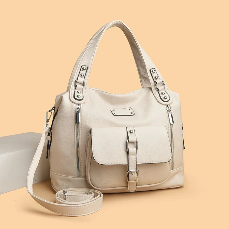 Women's Casual Tote Soft Leather Handbag Luxury Designer Shoulder Crossbody Hand Bag Ladies Shopping Sac Front Double Zipper