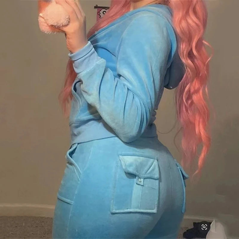 2 Pieces of Women's Outfit 2025 Fall Winter Women's Tracksuit Crystal Hoodies and Pant Sets Y2K Velvet Tracksuit
