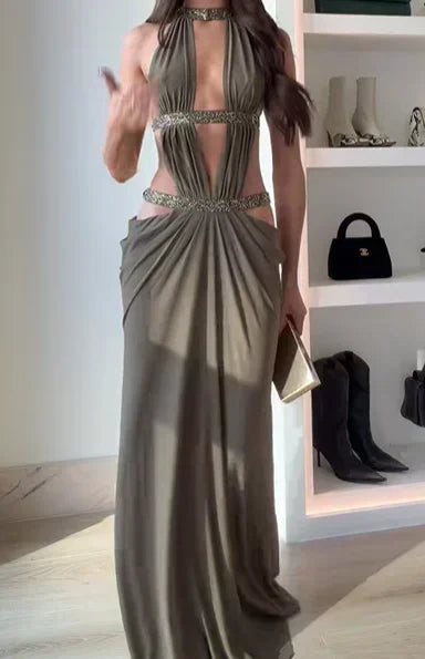 Women Sexy Backless Sequin Halter Dress Sleeveless Off Shoulder Hollow Out Pleated Maxi Dresses 2026 Lady Evening Party Gowns