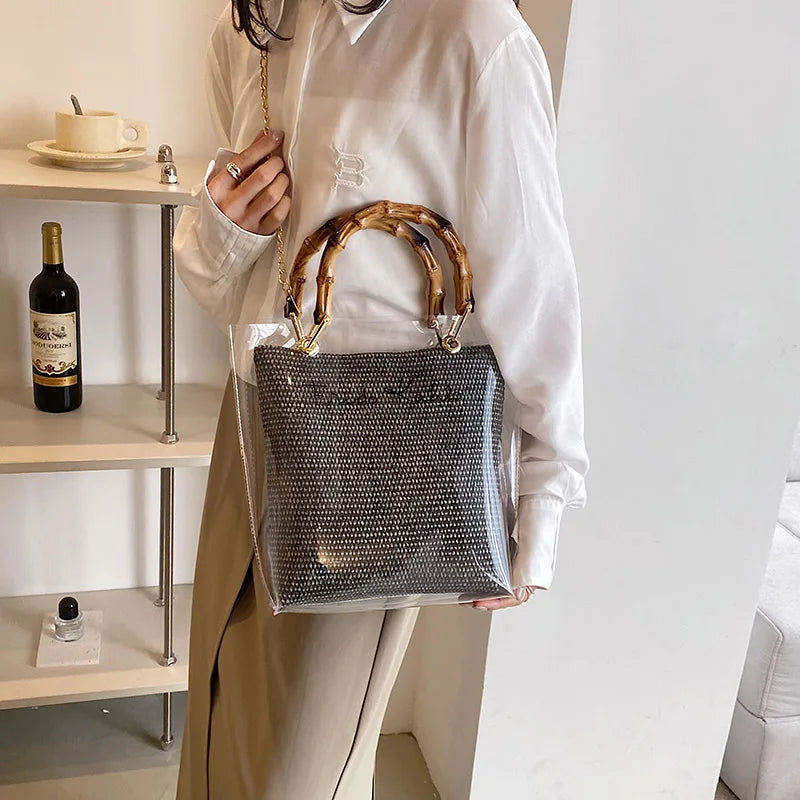 Large Capacity Women PVC Handbags High Quality Ladies Transparent Beach Tote Shoulder Messenger Bags Casual Chain Crossbody Bag