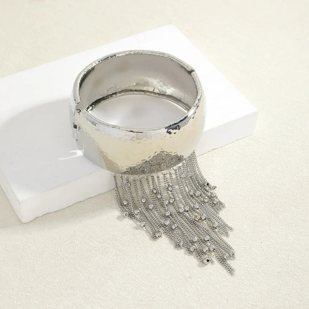 Exaggerated Beads Silver Metal Bangle Tassels Chains Beads Chains Wide Tassels Bracelets Women