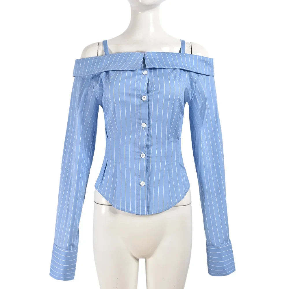 European and American Style Lady's Casual Blouse with Long Sleeves, Revealing Shoulders, Unique Design, Women's Shirt