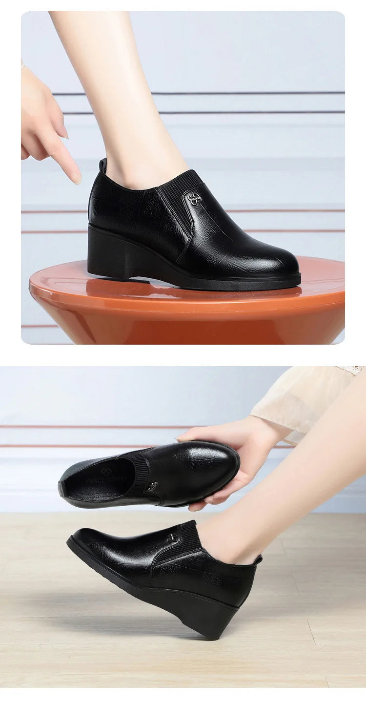 Wedge Heel Leather Shoes for Women 2025 New Soft Sole Design Versatile and Comfortable Solid Color Casual Pumps Women's Shoes