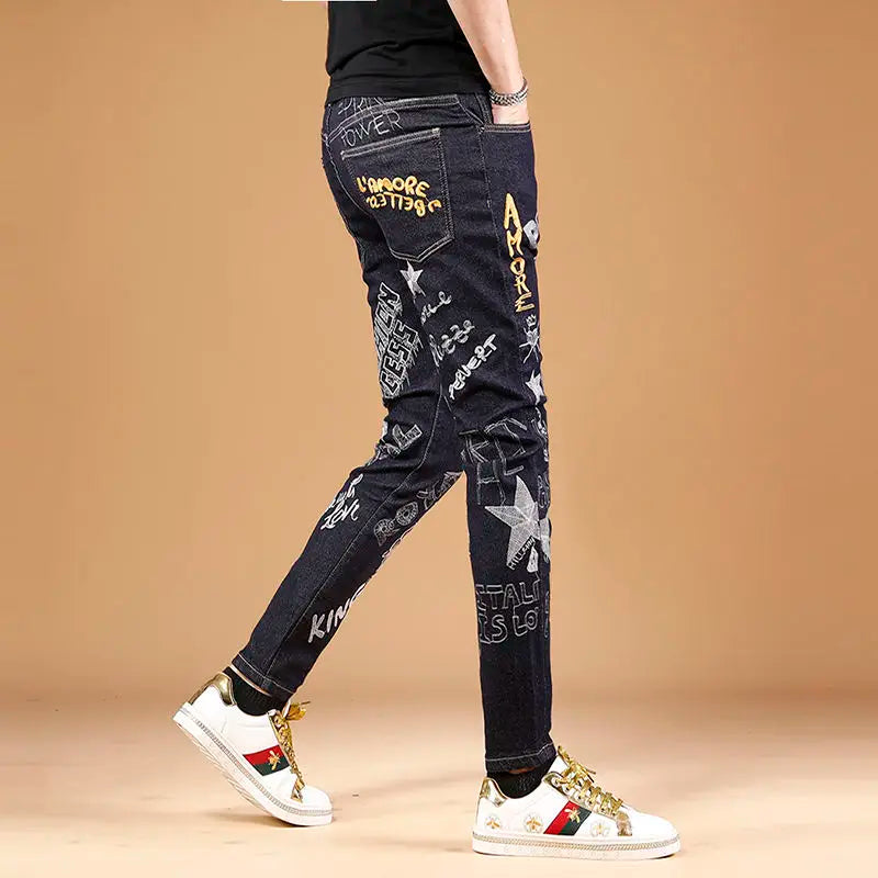 Summer New Embroidered Jeans Men Trendy Brand Korean Version Slim Fit Small Feet Trendy Casual Versatile Stretch Pants
