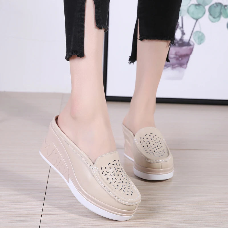 STRONGSHEN Women Slippers Casual Hollow Out Heel Wedge Thick Bottom Increase by 8cm Half Slippers Women's Non slip Fashion Shoes