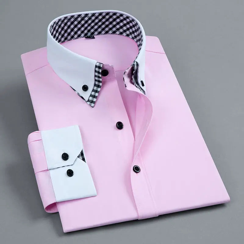 Men's Business Dress Shirt Long Sleeve Non Iron Fashion Double Layer Formal Regular Fit Office Camisa Social Solid Button Shirts