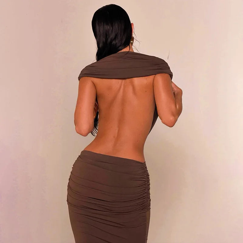 Women Fashion Sexy Bodycon Maxi Dress Deep V Neck Halter Backless Sleeveless Ruched Slim Party Long Robe Evening Gown Clubwear