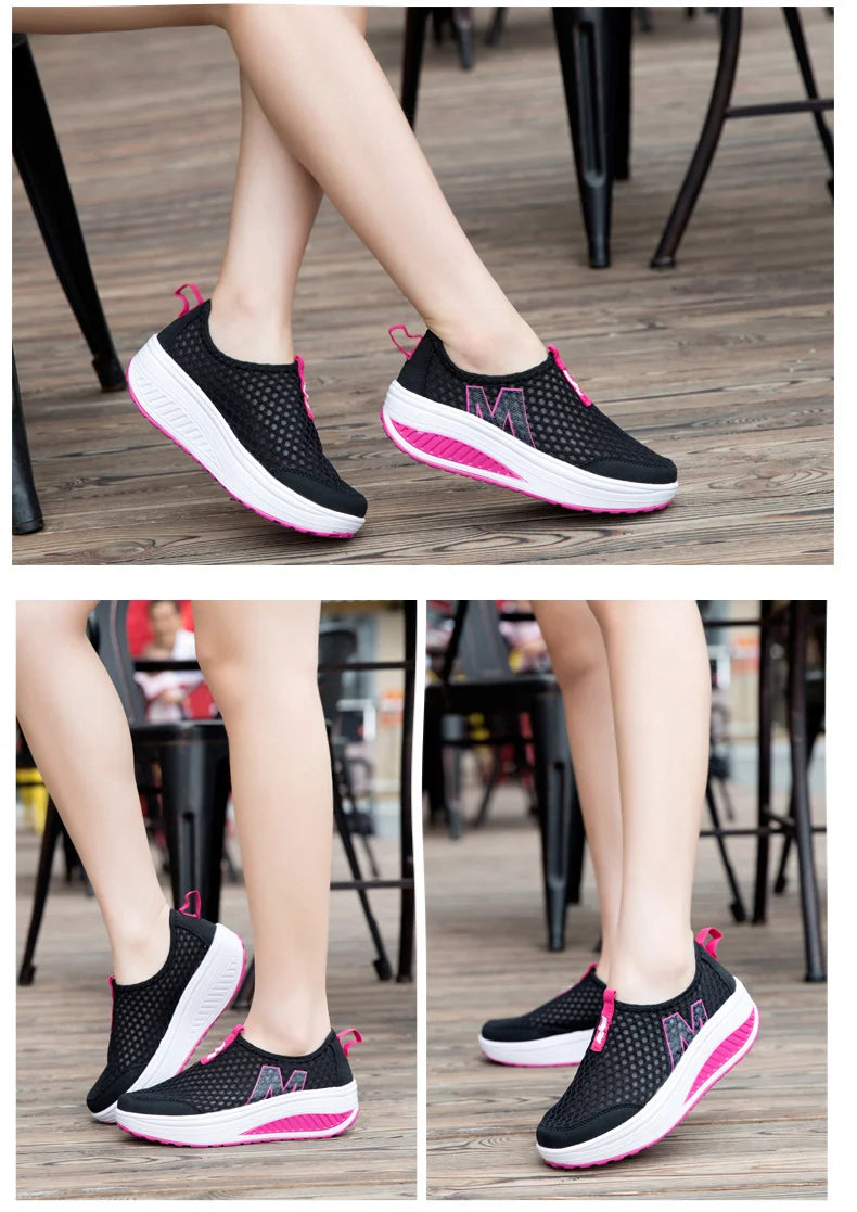 Women Mesh Flat Shoes Sneakers Women Swing Wedge Hollowed Out Slip-on Shoes Women Platform Breathable Lightweigt Vulcanization