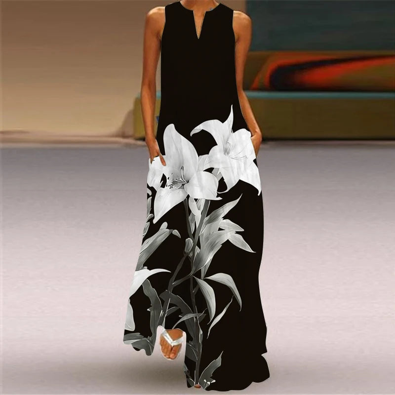 Elegant Dresses for Woman 3D Printed Dresses Summer Sleeveless V-Neck Long Dress Ladies Casual Elegant Beach Party Maxi Dresses