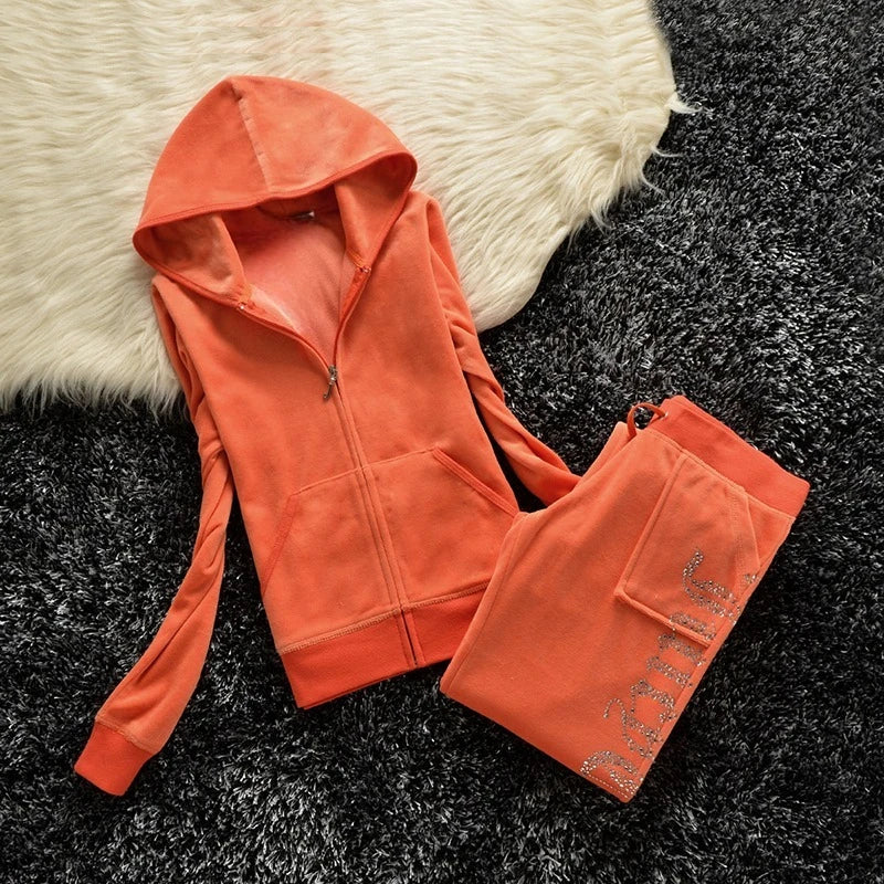 2 Pieces of Women's Outfit 2025 Fall Winter Women's Tracksuit Crystal Hoodies and Pant Sets Y2K Velvet Tracksuit